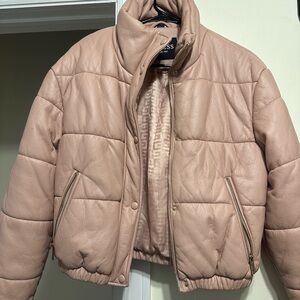 Guess Blush Pink Quilted Leather Puffer Jacket